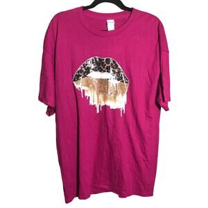 Gildan Lips Leopard Print Graphic Tee T-Shirt Short Sleeve Top XL